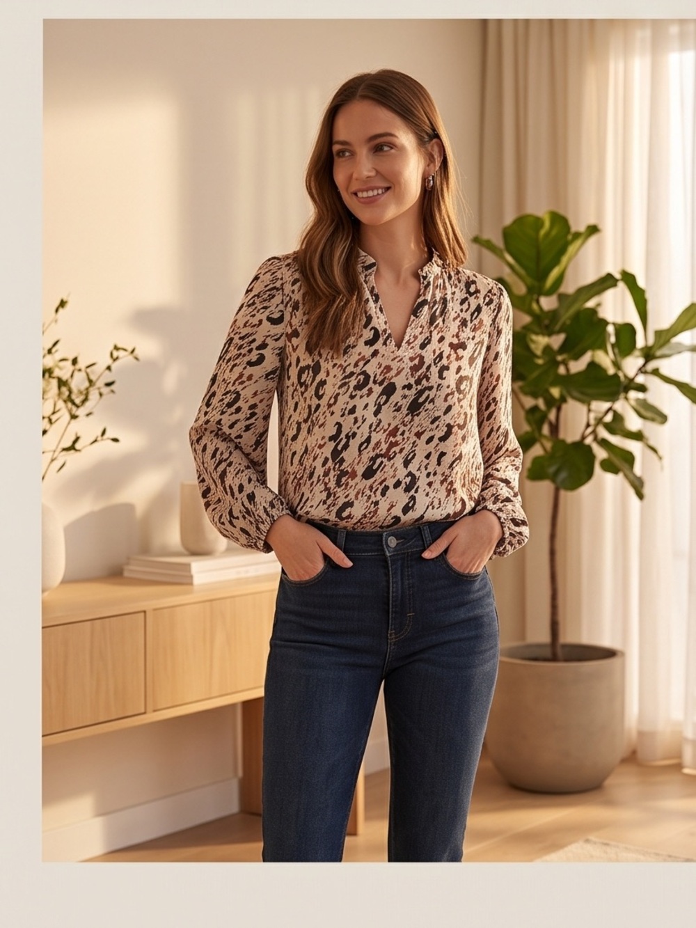 Jennifer Lopez Beige and Black Animal Print Long-Sleeve Blouse